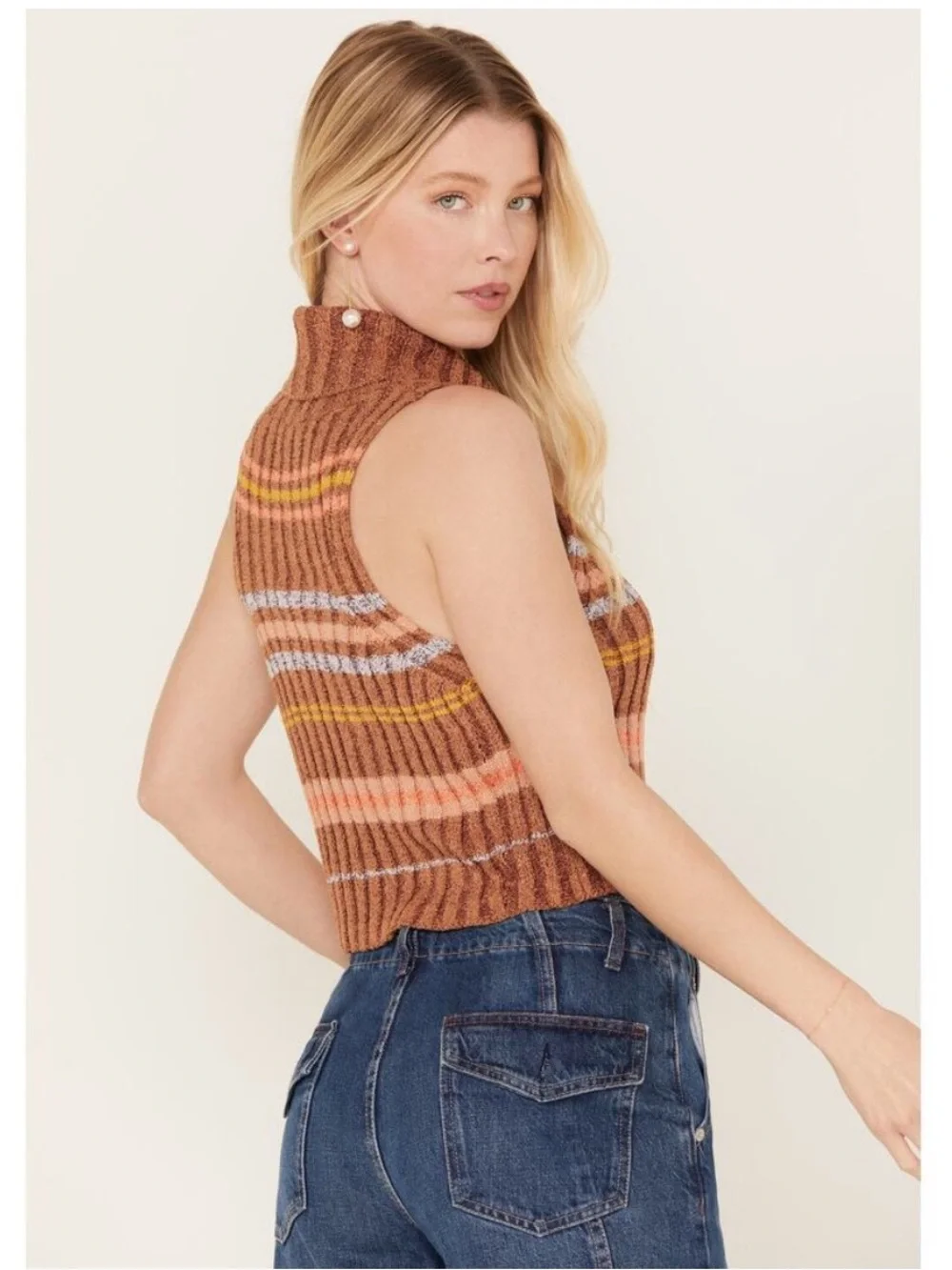 Free People Edith Sweater Striped Sleeveless Turtleneck Tank Brown and Peach M